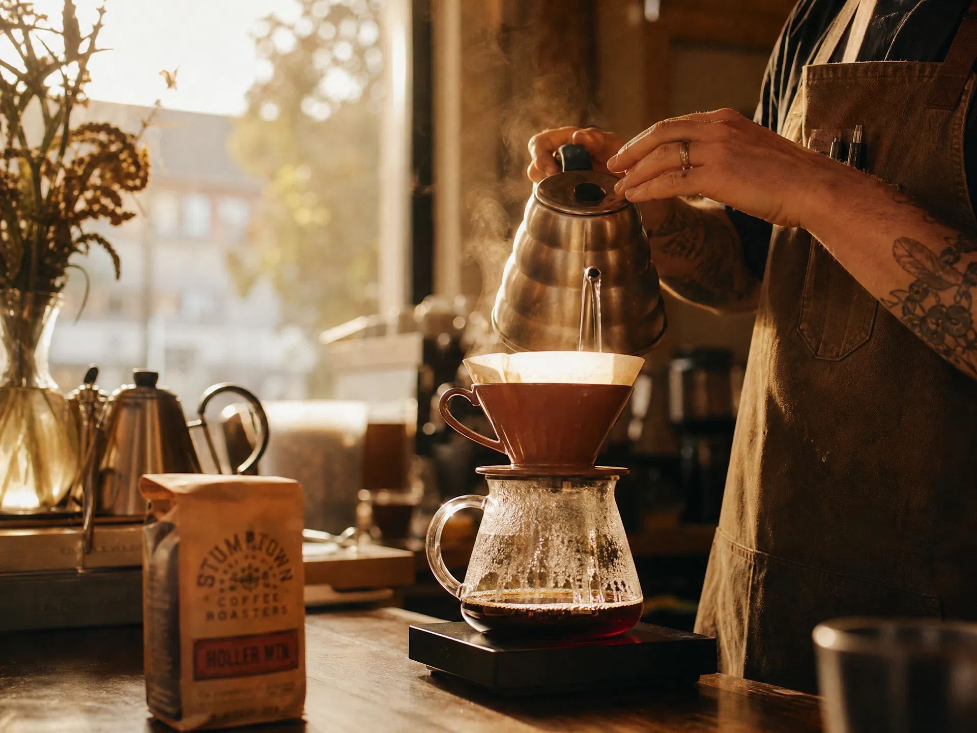 Barista pouring a slow pour-over at first light
