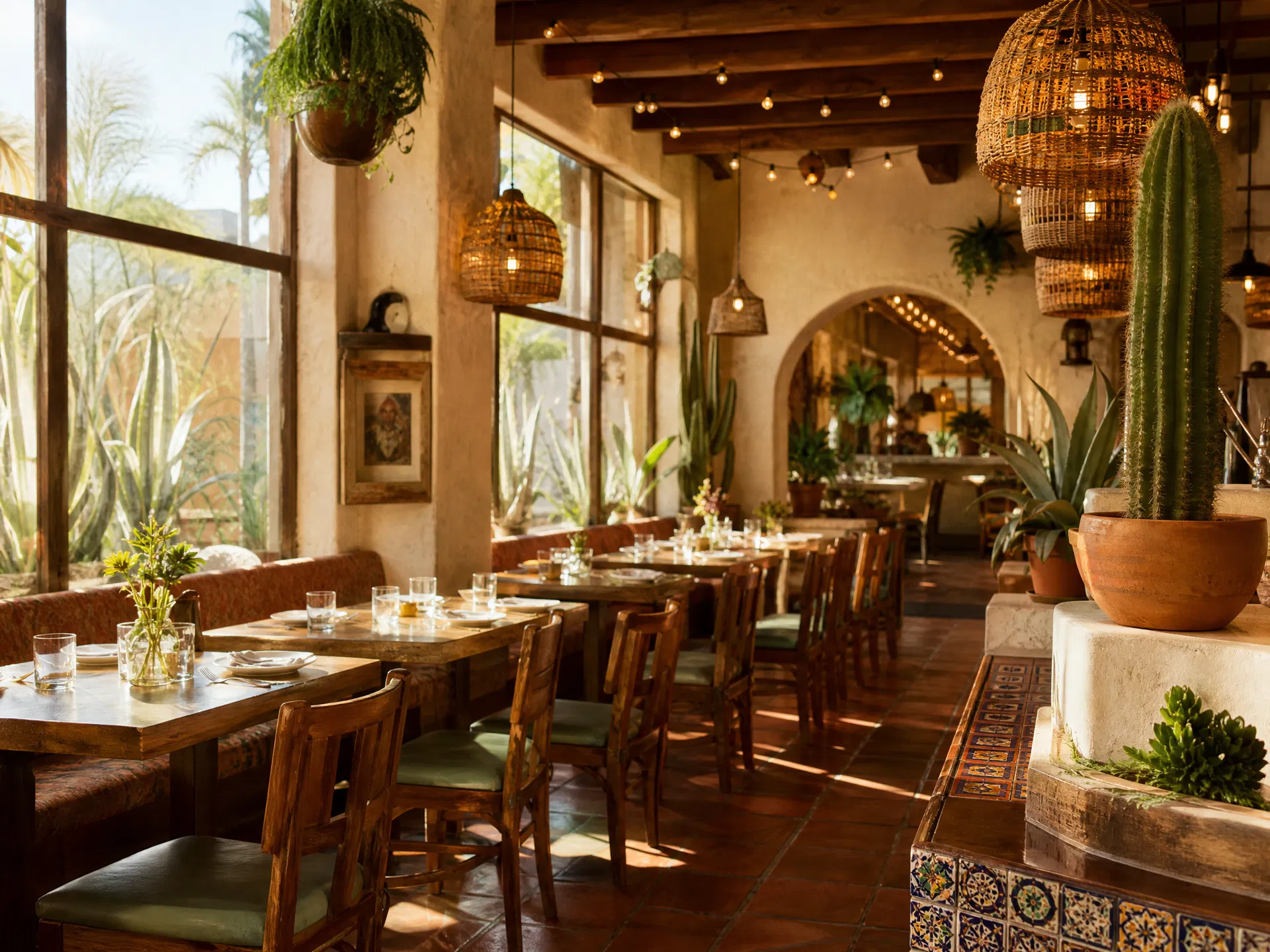 Sunlit dining room with terracotta floors