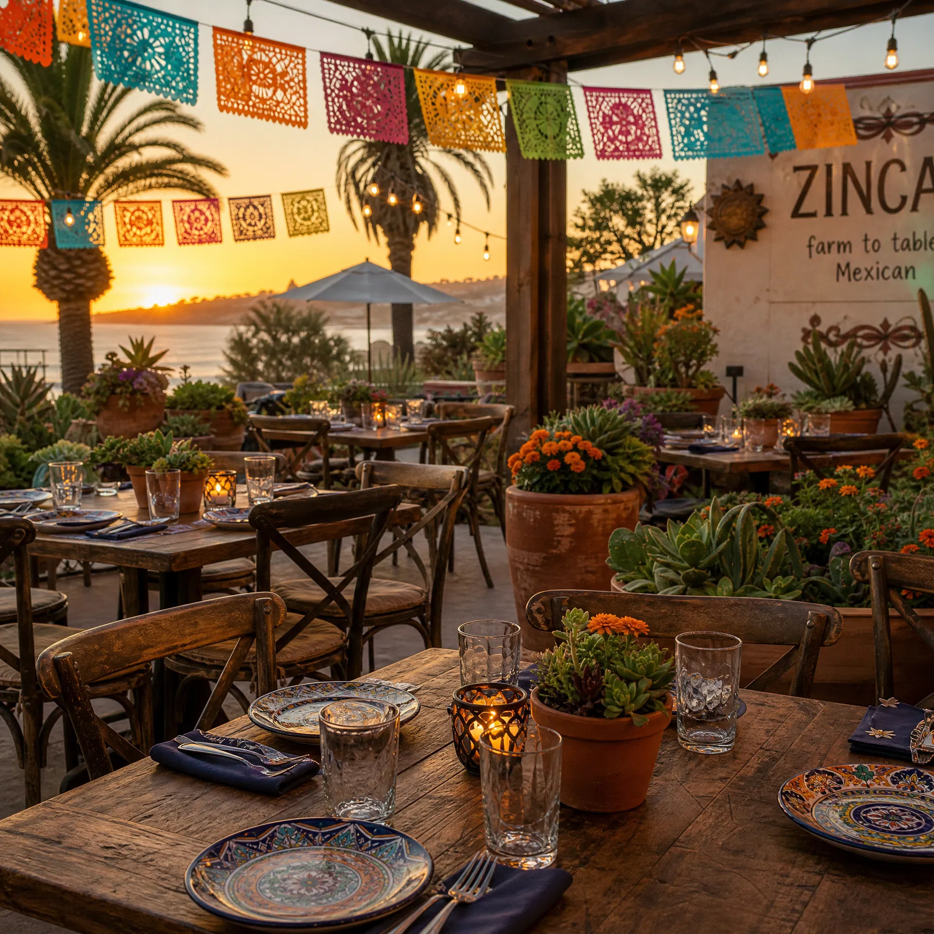 Patio at golden hour with papel picado