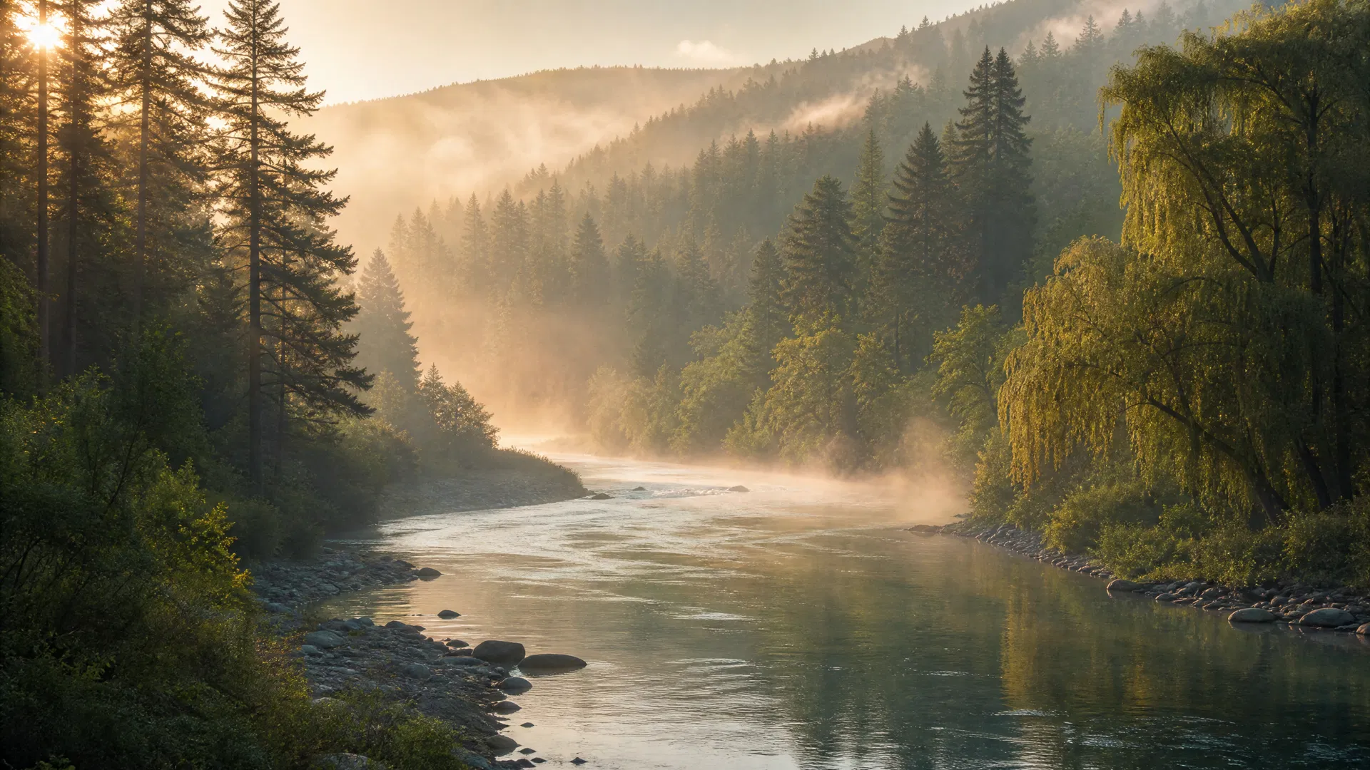 A misty river winding through forest at dawn